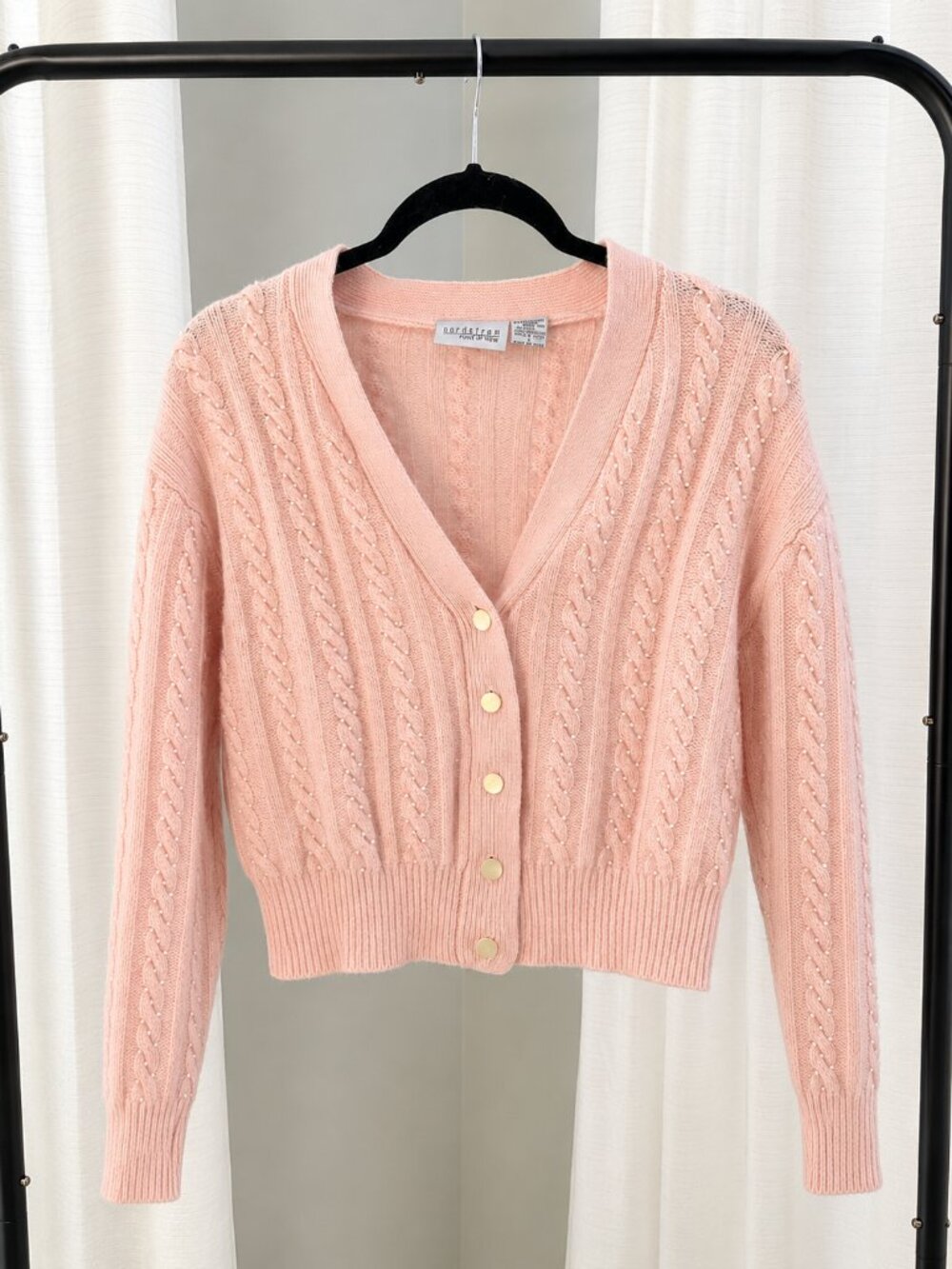 Vintage Nordstrom Point of View Angora Blend Pearl Cable Knit Cardigan Pink L